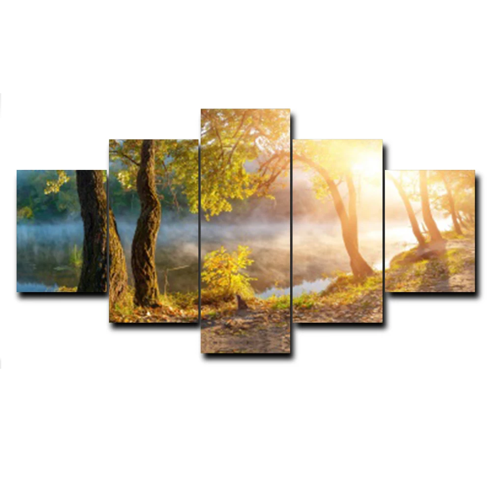 

5 Panel Vintage Forest Sunshine Tree Posters and Prints Wall Art Picture HD Canvas Painting Home Decoration Living Room No Frame