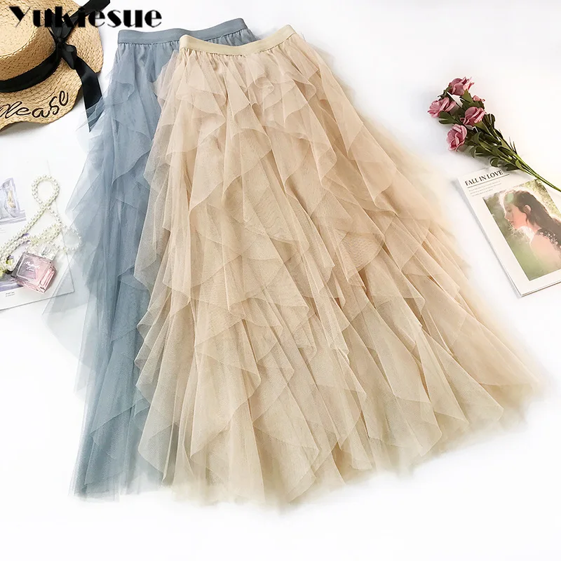 

chic irregular Mesh skirt women spring autumn 2019 new multi-layer tutu cake skirt fluffy ruffled long tulle skirt female skirts