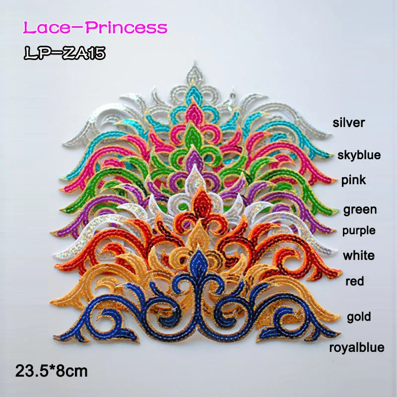 

8 PCS 23.5X8CM colorful sequins lace fabric flower applique patch embroidered flowers clothes diy accessories ZA15