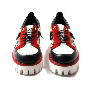 

Newest thick bottom mixed color horsehair leopard leather handmade lacing double zipper men's fashion platform shoes size45