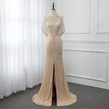 Роскошные золотые Длинные Кристаллы Бисероплетение вечернее платье Русалка вечернее платье Формальные женские платья YQLNNE