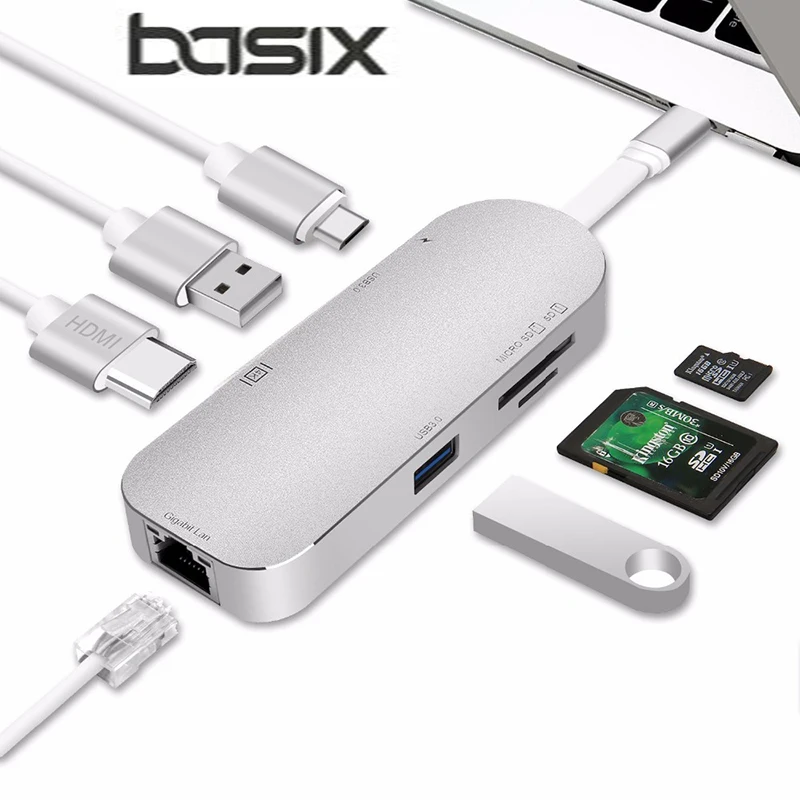 

Basix 7 in 1 USB 3.1 Type C Hub to HDMI 4K Rj45 Gigabit Ethernet SD/TF Card Reader USB 3.0 Hub with Type C PD Charging Port hub