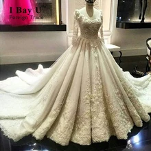 Full Perl Beading Luxury Wedding Gowns Long Sleeves 2017 Luxury Long Train Wedding Dresses New Model Top Quality Satin Gowns
