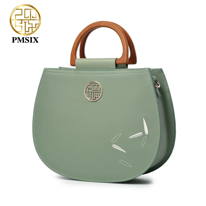 Pmsix Известный дизайнерский бренд womens'bag зеленые сумки из коровьей кожи с деревянной ручкой сумки-мессенджеры с вышитыми цветами