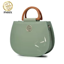 Pmsix Известный дизайнерский бренд womens'bag зеленые сумки из коровьей кожи с деревянной ручкой сумки-мессенджеры с вышитыми цветами