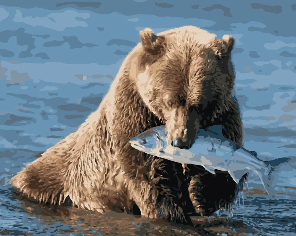 MaHuaf-j459 Grizzly Bear Clutching A Fish DIY Painting Kit Paint By Numbers Oil On Canvas Gifts Wall Art | Дом и сад