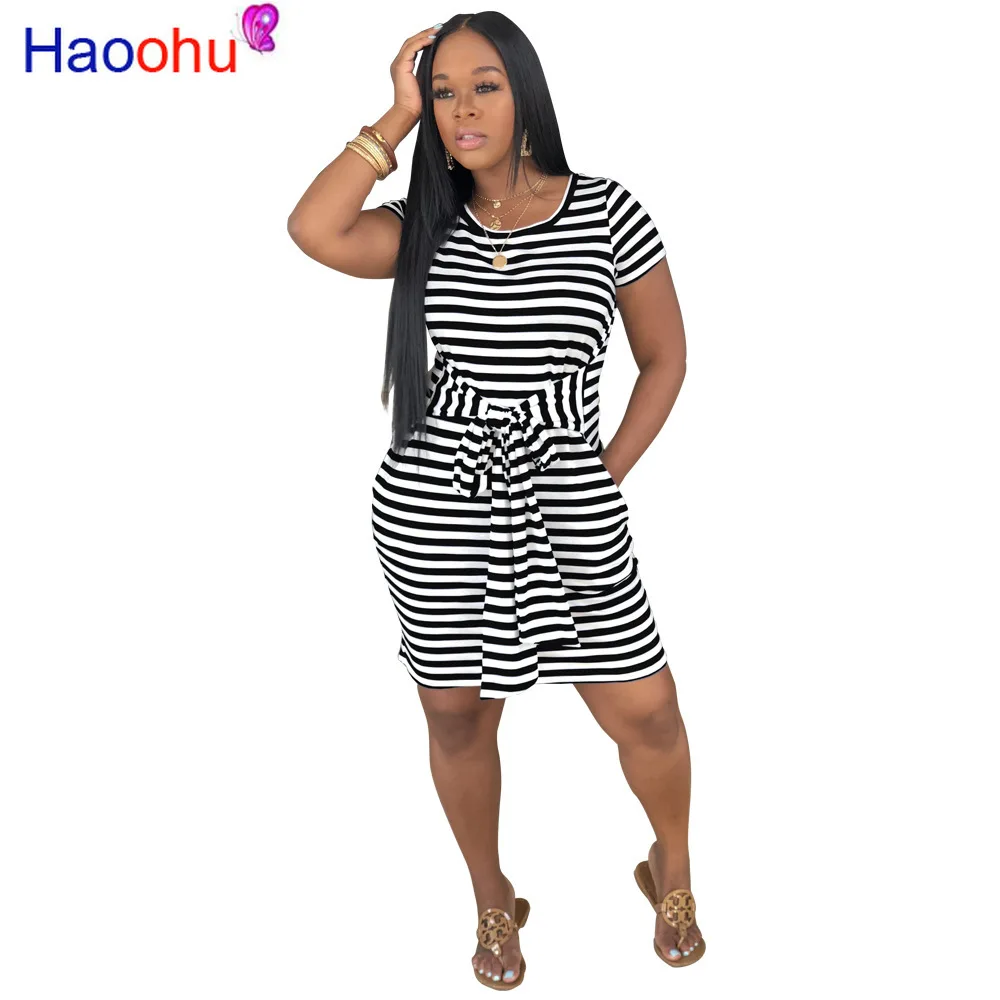 

HAOOHU Striped Print Sexy Bodycon Dress 2019 Fashion Summer Casual Women Short Sleeve Side Pocket Bandage Dresses Vestiods