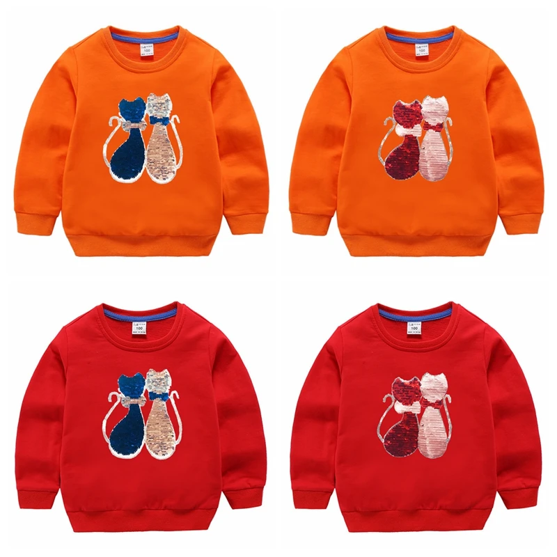 Double Sided Sequin Flash Glitter T-Shirts For Girls Sequins T Shirt Girls Cartoon Cat Kids Tshirt Summer Teen Clothes For Girls