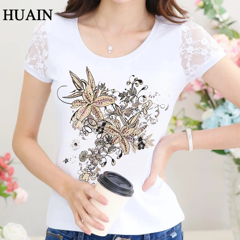 

2019 New White T Shirt Women Summer Lace Diamonds Print Fitness Shirt Short Sleeve O-Neck Female Tops Tee Casual Women Clothing