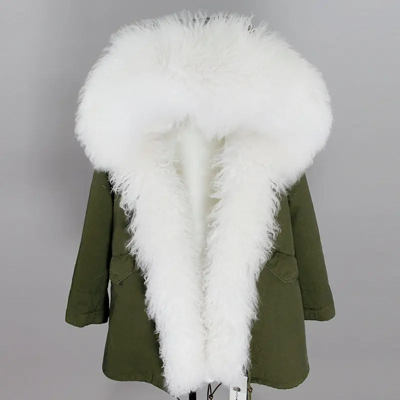 OFTBUY, зимняя женская куртка, пальто из натурального меха, длинная парка, воротник из натурального меха монгольской овцы, Толстая теплая верхняя одежда с капюшоном, уличная одежда - Цвет: green white