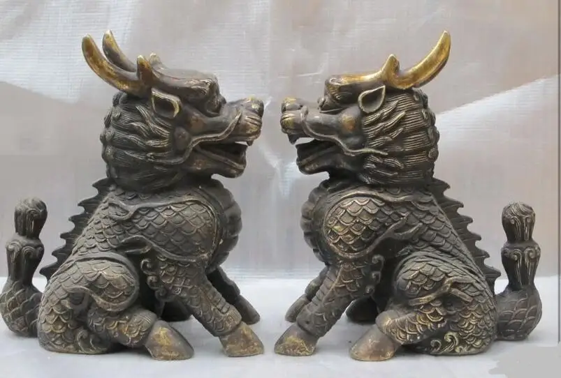 

S7218 China FOO DOG scutum dragon Bronze small Kylin pair animal statue D0318