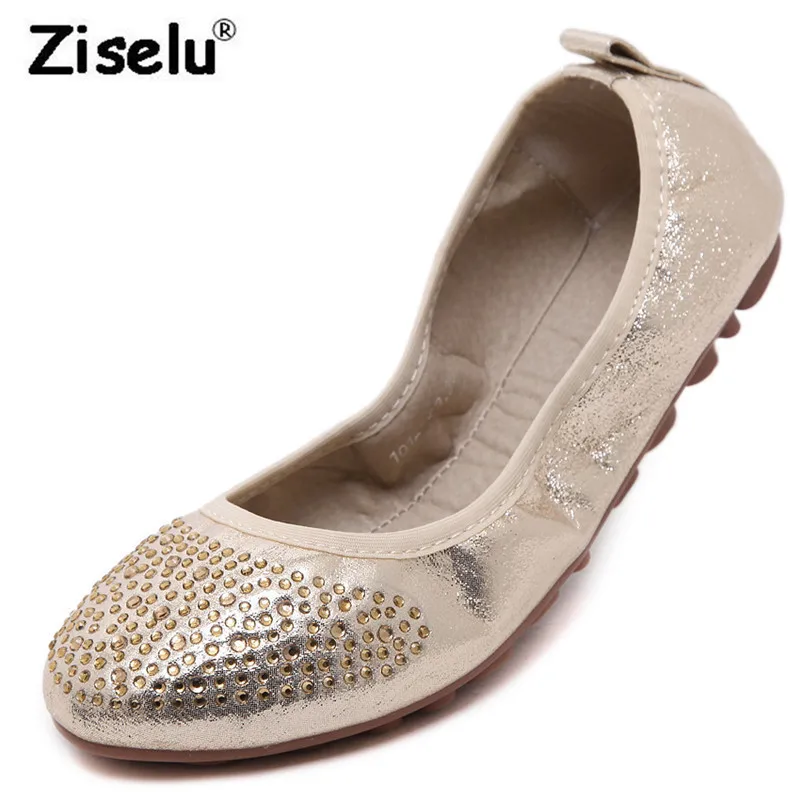 

Women Folding Ballet Flats Microfiber Leather Crystal Slip on Comfortable Flats 2018 New Arrived Fashion Spring Summer Lady Shoe