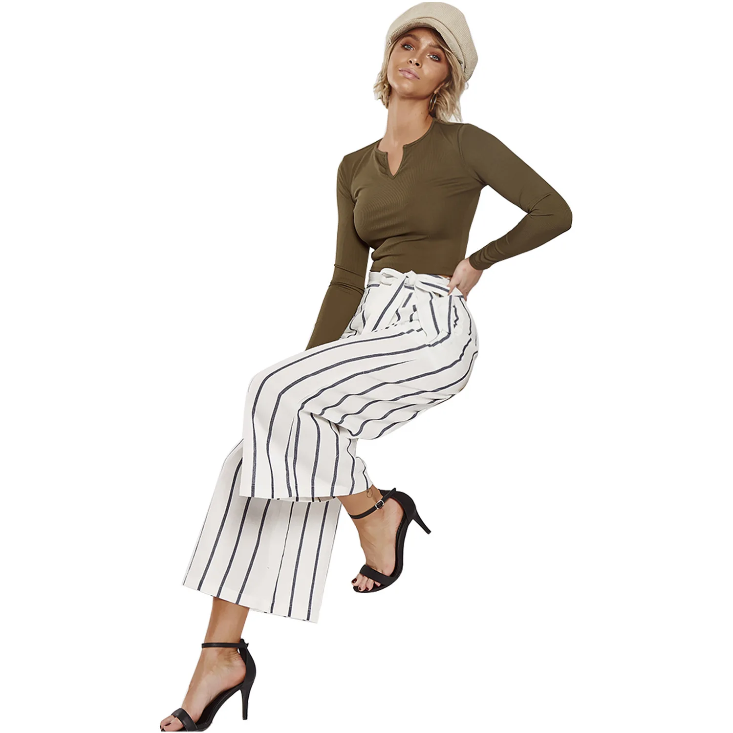 Y La Moda Mujeres 100 Las De Sueltos Alta Minutos A Estados vuelta Rayas Anchos Cintura White Los Pantalones Europa Unidos Nueve qfxaww