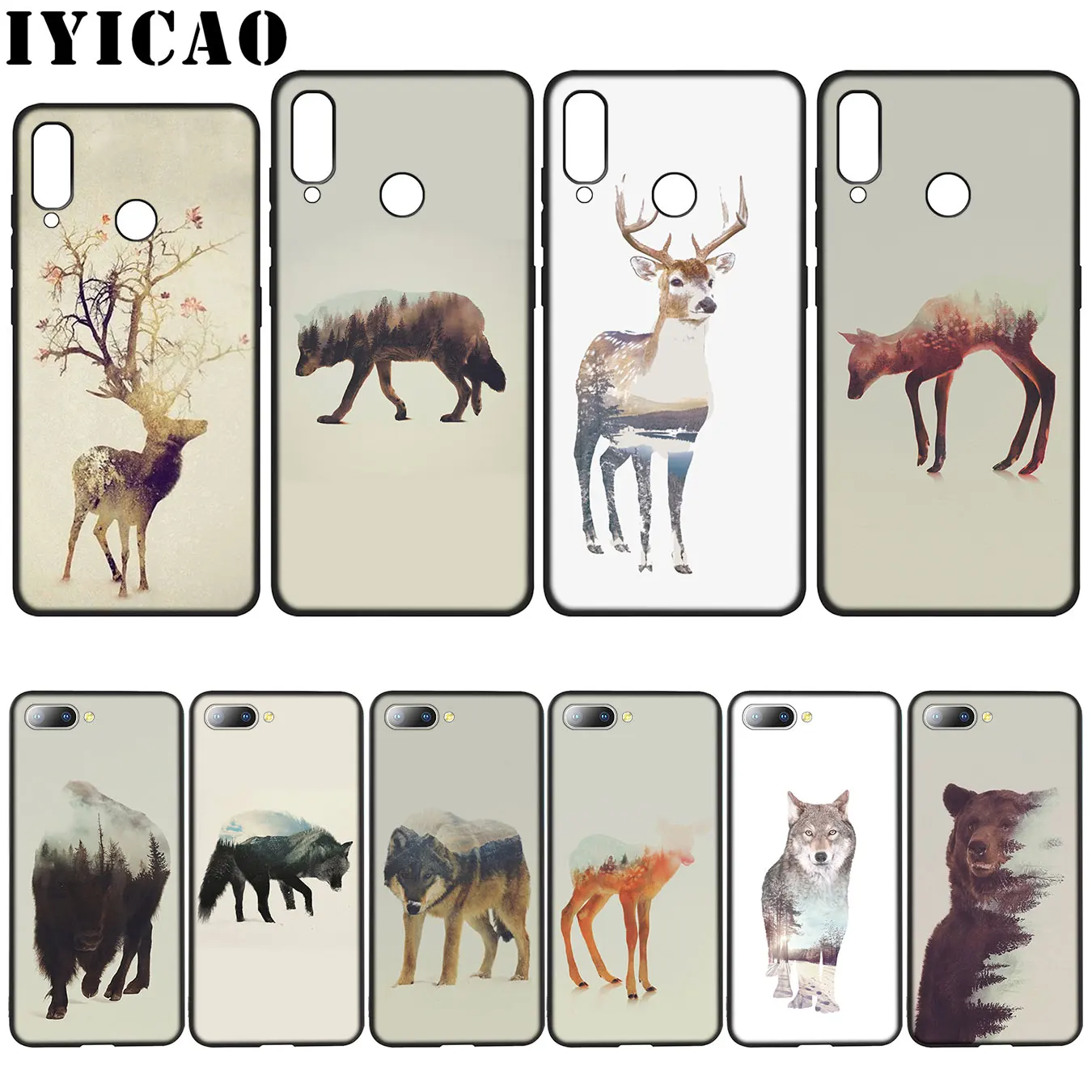 

IYICAO Animal Double Exposure Wolf Bear Deer Wild Boar Case for Huawei Y7 Y6 Prime Y9 2018 Honor 8C 8X 8 9 10 Lite 7C 7X 7A Pro