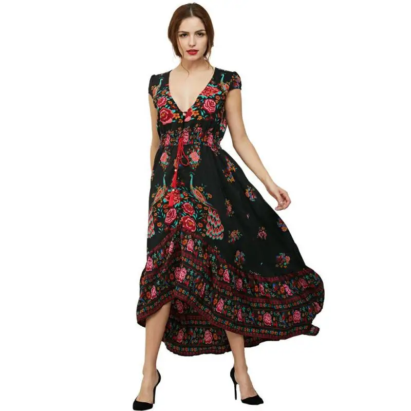 NFIVE2017 Nouveau Printemps Femmes En Mousseline de Soie Bohême Style Manches Courtes Impression Fleuri Longue Dress