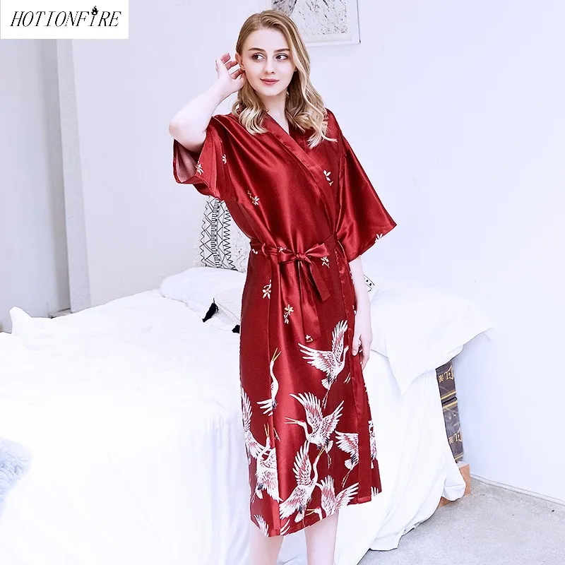 

Women Bathrobes Summer Autumn Spring Silk Hotel Spa Sexy Thin Pajamas Big Size Knee-Length Long Style Crane Wedding Nightgowns