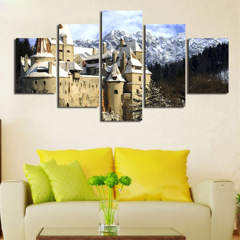 

Unframed Modern Home Decor Canvas Living Room 5 Panels Castle Snow Landscape Printed Pictures Wall Painting Art Modular