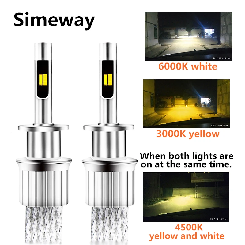 

2PCS Auto Tricolor LED lights H1 H4 H7 H11 D1S D2S headlamp 90W 9600LM H3 H9 880/1 9006 Dual color car Fog Lamp White Yellow 12V