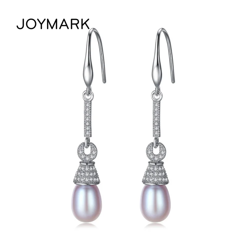 

JOYMARK Zircon Pave S925 Sterling Silver Long Drop Pendant Earrings With 8-9mm Natural Freshwater Pearl For Women JPSE063