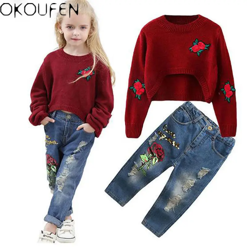 

2pcs Toddler Baby Girl Rose Sweater Tops+jeans Denim Pants Outfits Set Clothes
