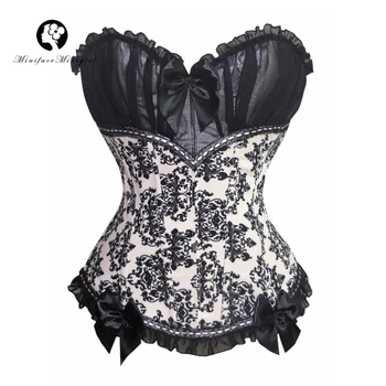 

Vintage Floral Print Women Corset Sexy White Steampunk Overbust Corset Lace Up Bow Gothic Slimming Party Corsets and Bustier