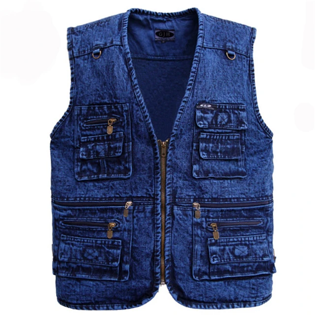 Men's vest Outerwear denim waistcoat no sleeve jacket Multi pocket size