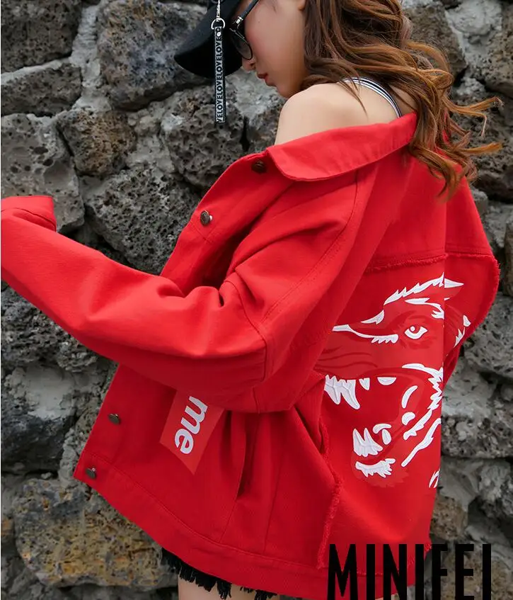 rouge Version Fille Noir Hip Hop Impression 2019 Automne Coréenne De La D'hiver Courte Veste Paragraphe Et Étrange Femelle Nouvelle Denim F1J3KTlc