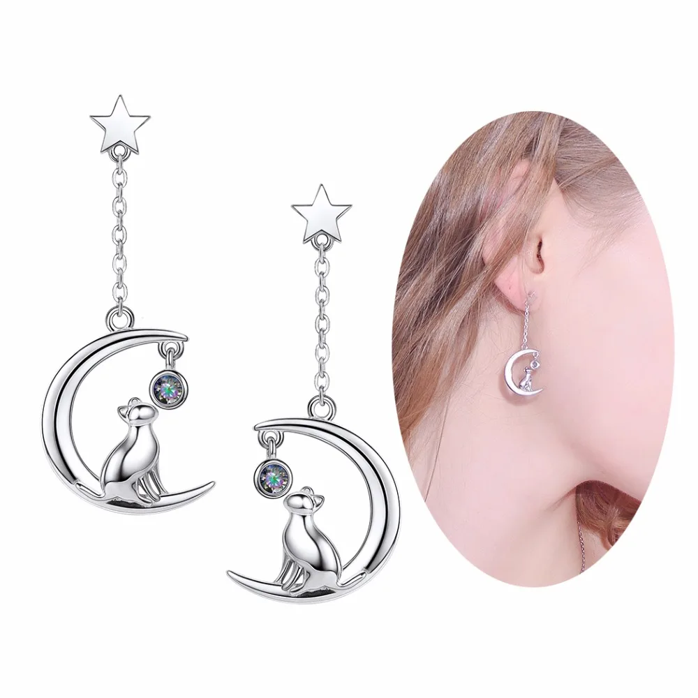 SILVERCUTE Star Moon Cat Drop Earrings For Women Girls Fine Jewelry ...