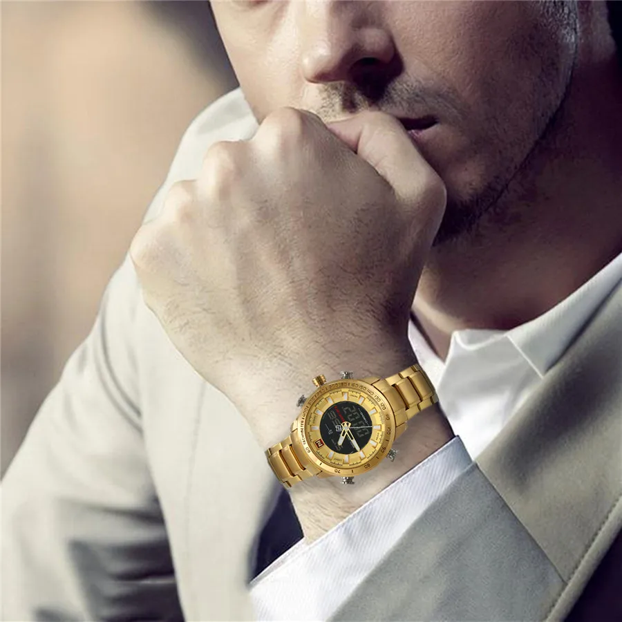 Lancardo мужской Военная Униформа часы светодиодный цифровой Dual Time Часы наручные аналоговые Круглый Кварцевый золото Нержавеющая сталь Для