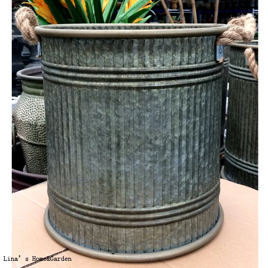 stripe cylinder hand crafted antique galvanized flower bucket with hemp rope handles