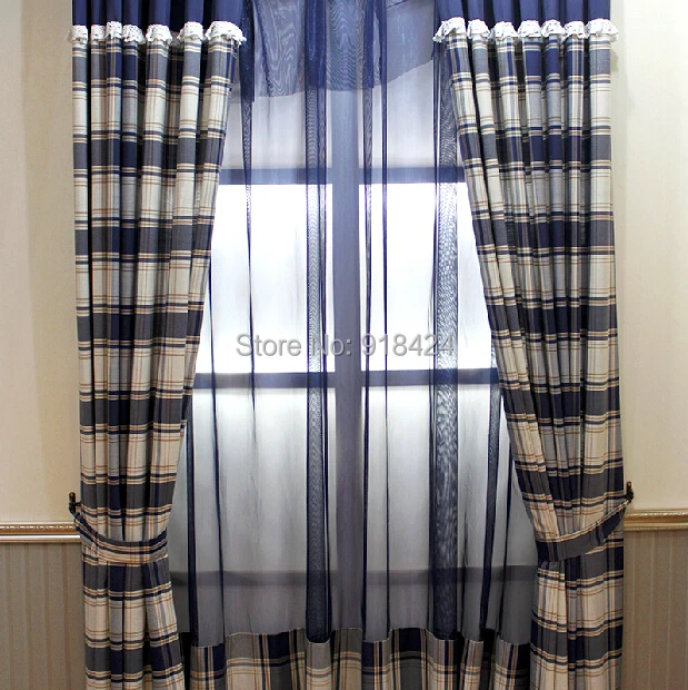 

Free Processing As the Picture Size:1.5*2.7m Curtains Draperies,Blue Linen Grid Custom Made Modern Curtains Sheer Curtains.