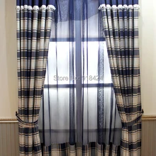 Free Processing As the Picture Size:1.5*2.7m Curtains Draperies,Blue Linen Grid Custom Made Modern Curtains Sheer Curtains.