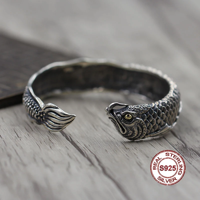 

S925 Sterling Silver Bangles Simple and generous retro Personality couple style Unique engraved fish shape Send a gift to love