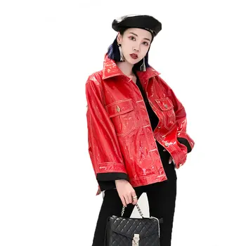 

Fashion brand Patent leather jacket female Glossy fabric pu leather embroidery Basic jackets coat with pockets women Streetwear