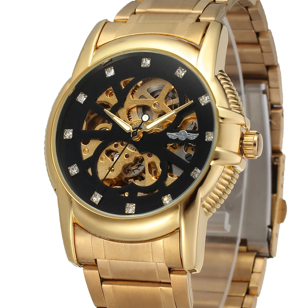 

WINNER Top Brand Men Luxury Gold Case Automatic Watch Mechanical Sketeton Clock Diamond Dial Full Steel Band Male Wristwatches