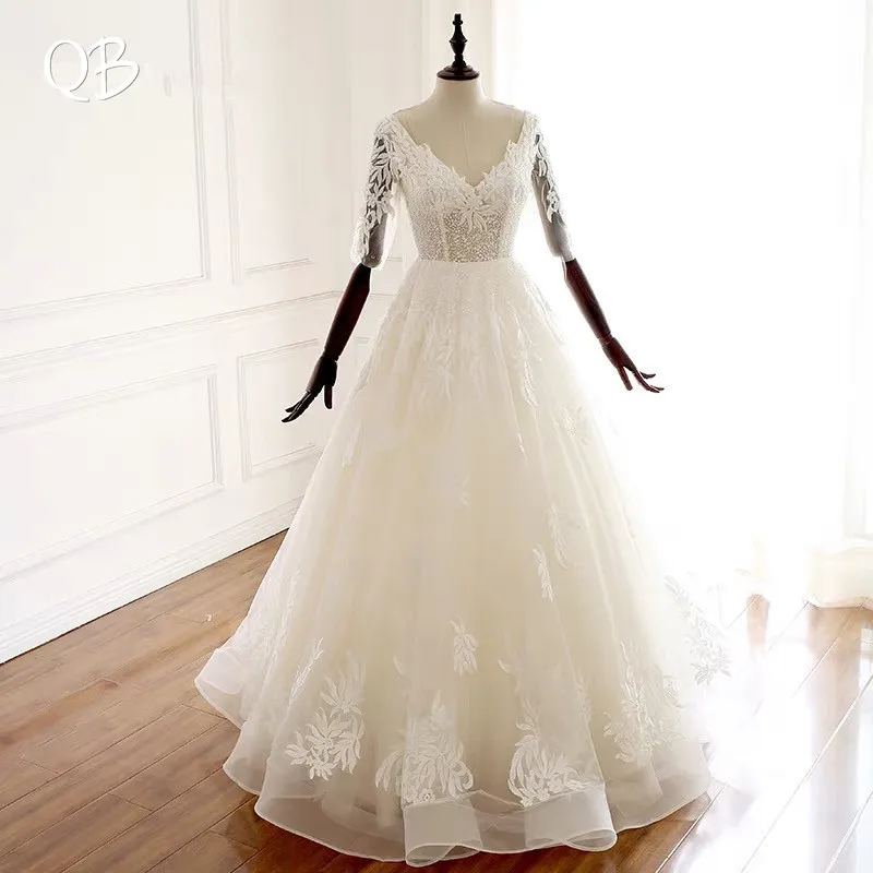 

100% Real Photo A-line Half Sleeve Tulle Beading Elegant Formal Bridal Wedding Dresses Vestidos de Novia Custom Made DW221