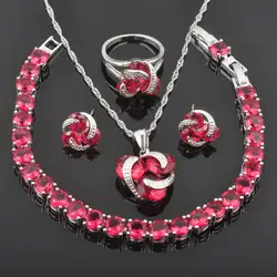 925 Серебряный Красный Цирконий модный для женщин свадебные комплекты ювелирных изделий браслет ожерелье кулон серьги подарочные коробки