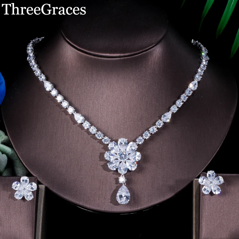 ThreeGraces роскошный свадебный комплект ювелирных изделий Искрящийся белый камень CZ