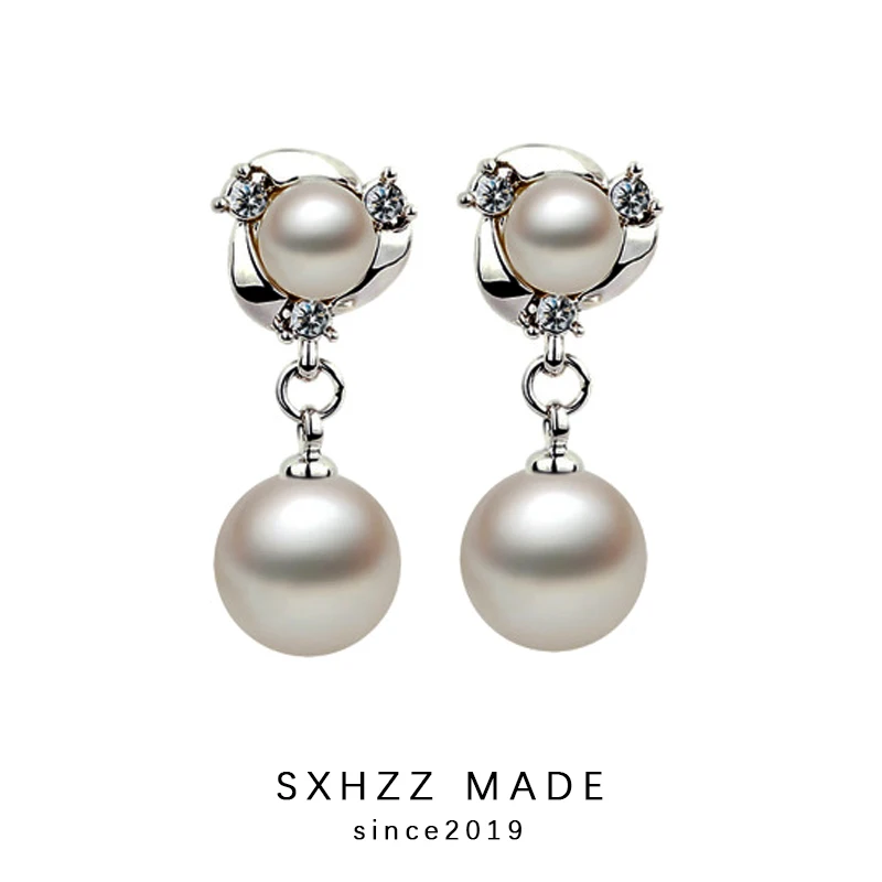 SXHZZ Stud Earrings Natural Freshwater Pearl 925 Silver Fashion Crystal Platinum Round Accessory Jewelry For Women | Украшения и