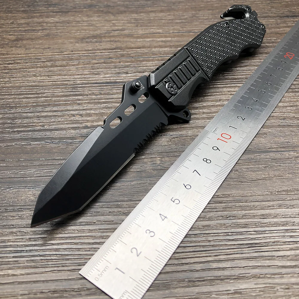 ZZSQ 229 Black Folding Knife 7CR17Mov Half Serrated Blade Tactical