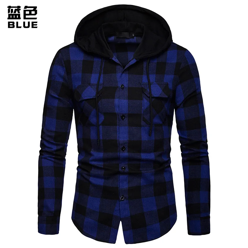 short sleeved shirts Fashion Red Black Plaid Hoodie Shirt Men Slim Fit Long Sleeve Mens Hooded Shirts Hipster Buffalo Plaid Shirt With Double Pockets men's button up short sleeve shirts & tops Shirts