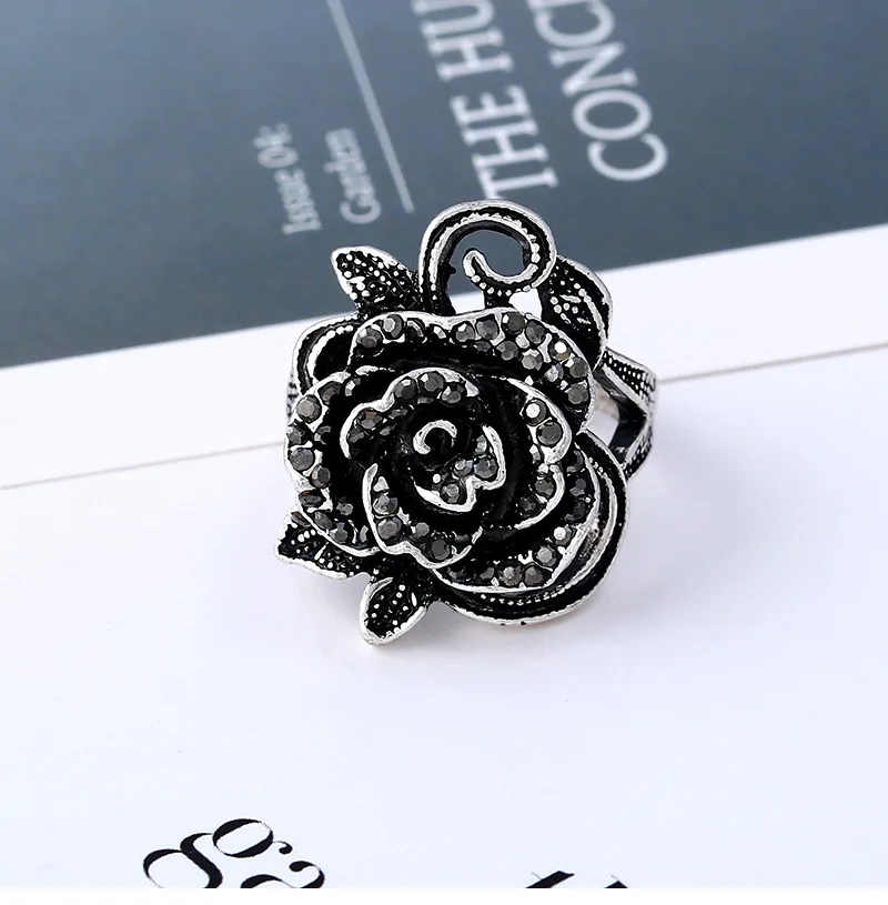 Hot Sale Fashion Jewelry Rings VINTAGE Crystal Black Rose Flower Rings Index Finger Rings For Woman Men