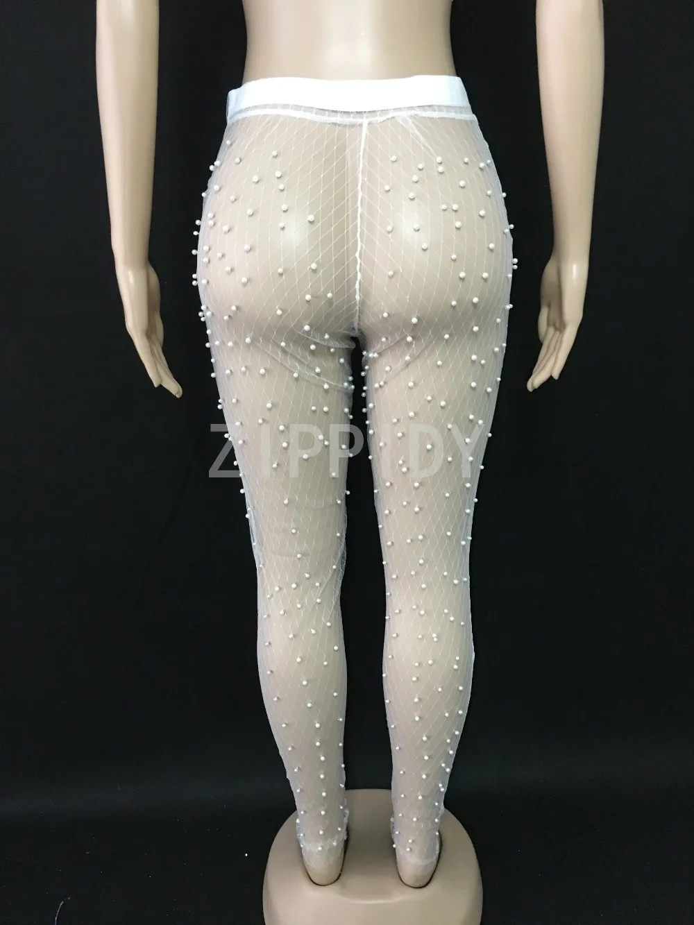 Черно-белые модные сексуальные сетчатые прозрачные леггинсы брюки с отделкой из жемчуга женский певец танцевальный сценический костюм наряд большой стрейч