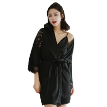 Стиль для женщин пижамы сексуальная ночная рубашка и халат комплект сна 2 шт. кимоно халат платье атлас Ночное кружево платье женское с короткими рукавами M, L, XL