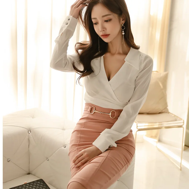 Pink and Yellow V-Neck Two-Piece Work Suits