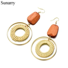 

Sunarry Vintage Red Wood Hand Made Bamboo Weaving Hollow Alloy Round Dangle Earring For Women Fashion Party Jewelry