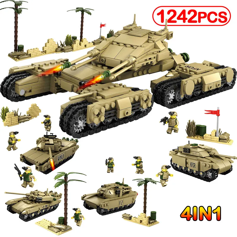 

1242pcs Army Model Tanks 4In1 Assemblage Building Blocks Set Military Weapon Figures Bricks Kids Toys Gift