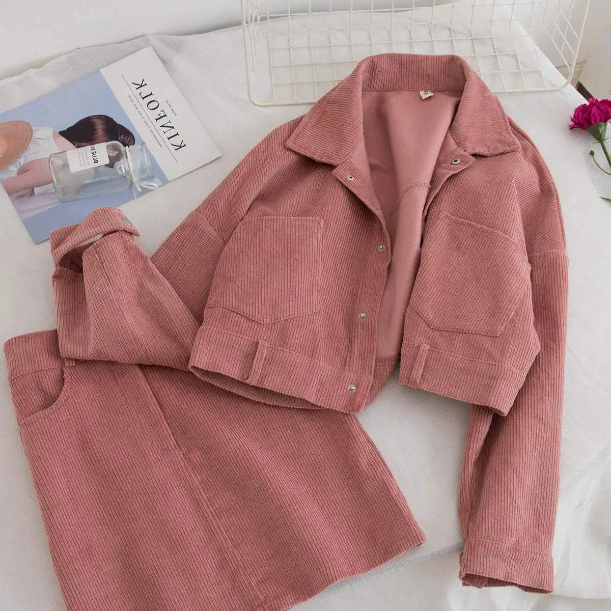 

Fashion Women Two Piece Set Ladies Corduroy Jacket Coat+Skirt Casual Women Set Spring Autumn Short Skirt+Outwear Loose 2Pcs Suit