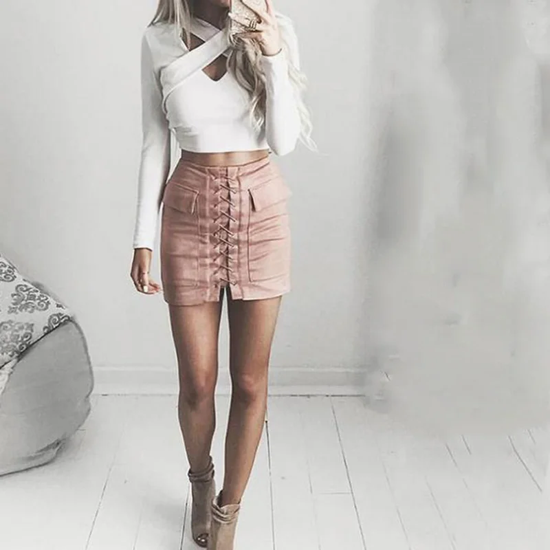

2018 Women Autumn Lace up Pencil Skirt Winter Fashion Cross High Waist Fashion Split Short Mini Skirts Above Knee