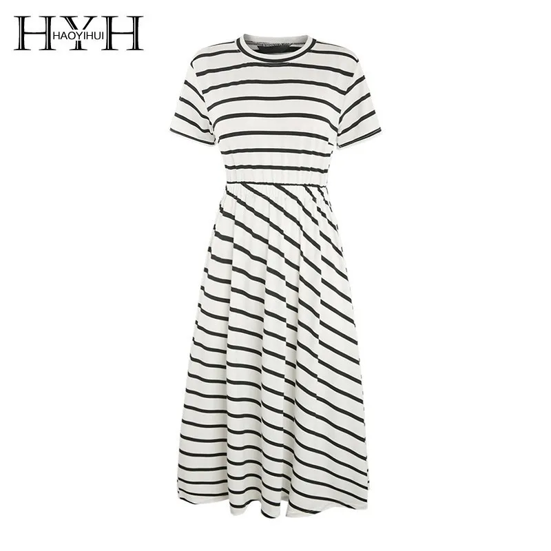 

HYH Haoyihui Femme Summer Stylish Simple Ruili Casual Round Neck Short Sleeve Striped Show Thin Slim Waist Long T-shirt Dress